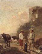 unknow artist A landscape with young boys tending their animals before a set of ruins oil painting on canvas